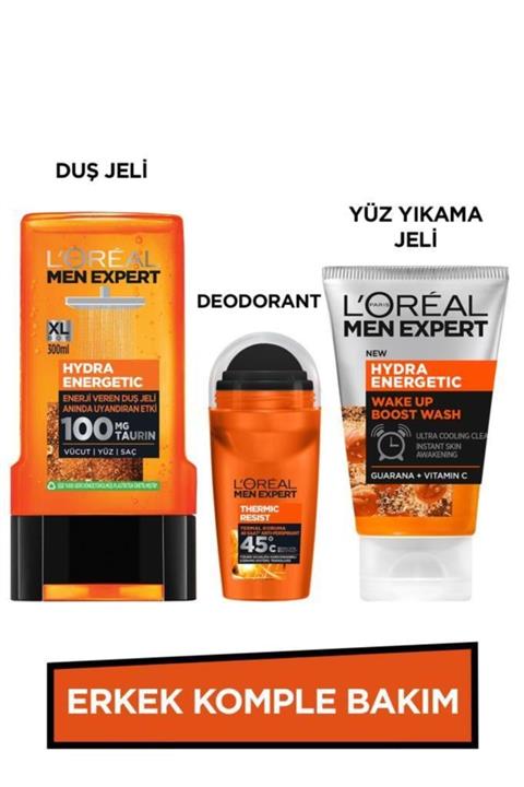 L'Oreal Paris Men Expert Erkek Komple Bakım Seti Hydra Energetic Yüz Yıkama Jeli 100ml + Duş Jeli 300 ml + Roll On