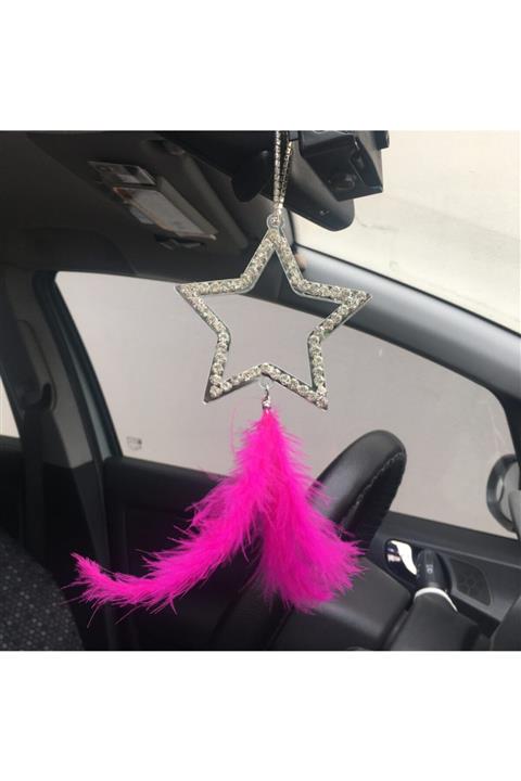 Oto Aksesuarcım Kristal Taşlı Yıldız Gümüş Pleksi Dikiz Ayna Süsü Pembe Tüylü