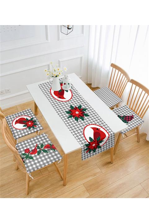 Realhomes Gri Ekose Zeminli Kırmızı Kardiyal Kuşu Özel Tasarımlı 4 Fermuarlı Sandalye Minderi 1 Runner Seti