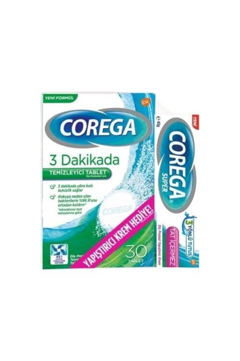 Corega 3 Dakikada Temizleyici Tablet 30 Adet ve Tat Içermeyen Yapıştırıcı Krem 40 gr