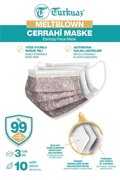 TURKUAZ Desenli 10 Adet Cerrahi Maske 3 Kat Meltbrown Burun Telli Yumuşak Elastik Lastikli Pembe Dantelli