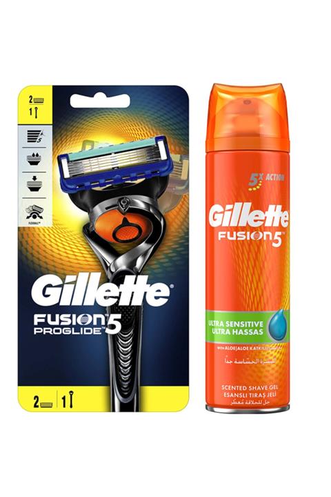 Gillette Fusion Proglide Makine + 2 Bıçak Ultra Hassas 200ml Tıraş Jeli