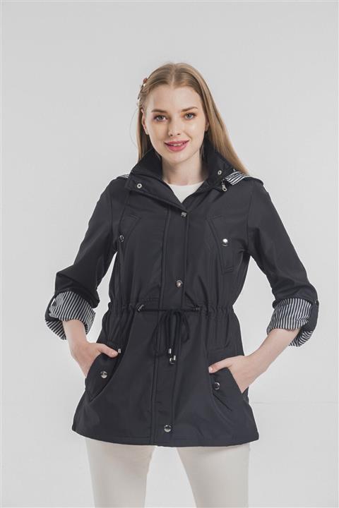 HEPSİKADIN Kadın Siyah Su İtici Özellikli Kapüşonlü Bel Büzgülü Çizgi Detaylı Trençkot