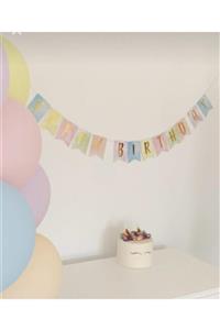 Happyland Makaron Renklerde Gold Varaklı Happy Bırthday Banner Yazı Unicorn Makaron Banner Soft