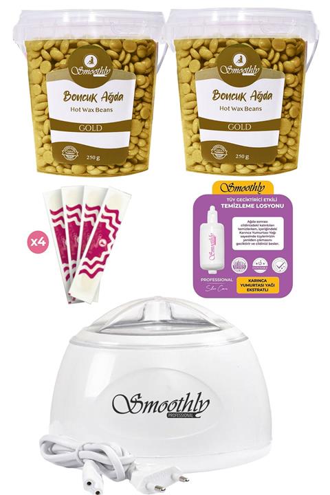 Smoothly 2 Kutu Gold Premium Boncuk Ağda Seti, Beyaz Ağda Isıtıcı Makine, Tüy Geciktirme Etkili Yağ, Spatula