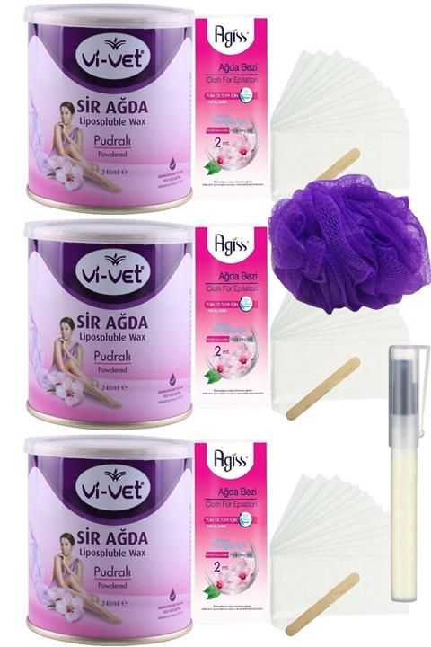 Vivet Pudralı Konserve Sir Ağda Seti 240ml 3lü + Bez + Lif + Kalempar/ Ağda Seti 8 Parça