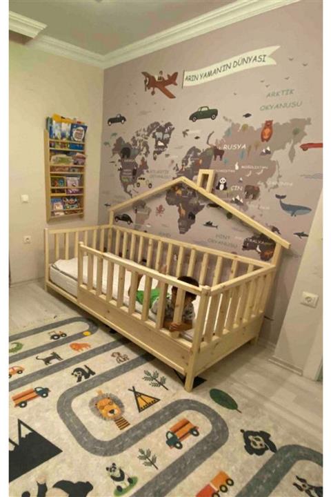 Baby Kinder Back Roofed Doğal Ahşap Yatak Montessori Bebek Ve Çocuk Karyolası