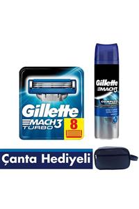 Gillette Mach3 Turbo Tıraş Bıçağı Paketi (8'Li Bıçak + Jel + Seyahat Çantası)