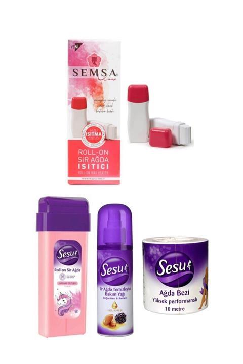 Sesu Roll-on Kartuş Ağda Ağda Makinesi Isıtıcısı Ağda Bezi Hassas Cilt+ağda Temiz.yağı Set