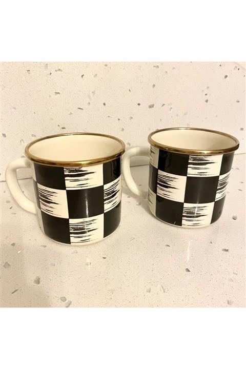 hascollection Damalı Siyah Krem Emaye 2 Adet Kupa Bardak