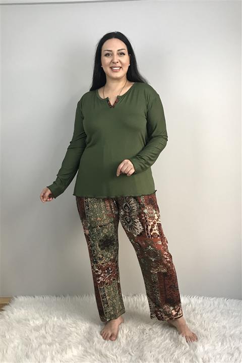 tarzimsuper Kadın Büyük Beden Uzun Kollu Şal Desenli Yeşil Pijama Takımı