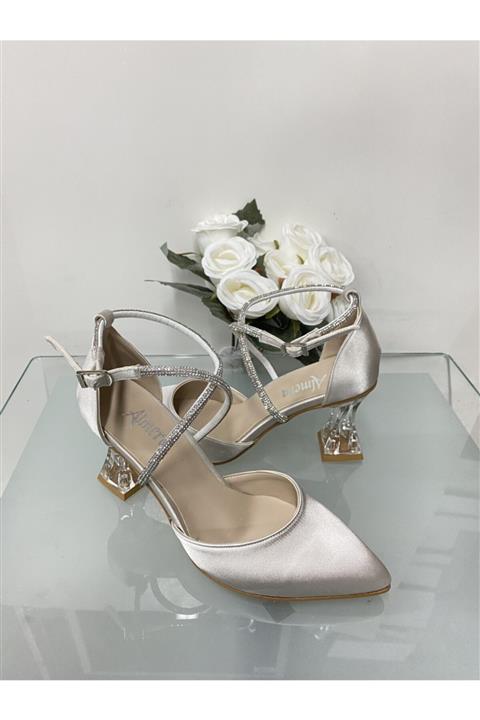 Almera's Shoes Ten Saten Çapraz Bantlı Taş Detaylı Ayakkabı
