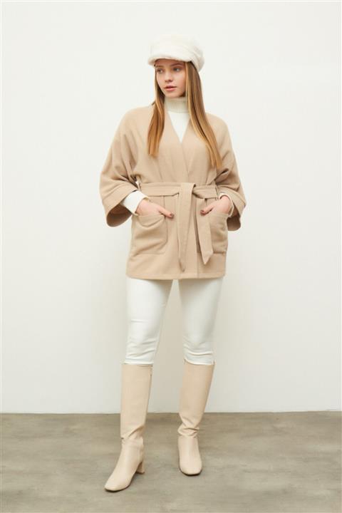 Gusto Beli Kemerli Kimono - Taş