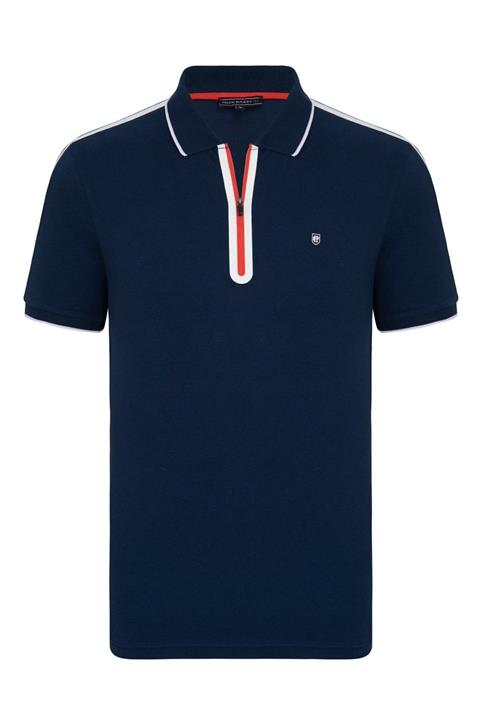 Felix Hardy Regular Fit, Lacivert, Yakası Ve Ribanası Beyaz-kırmızı Çizgili, Fermuarlı, Kısa Kollu Polo T-shirt