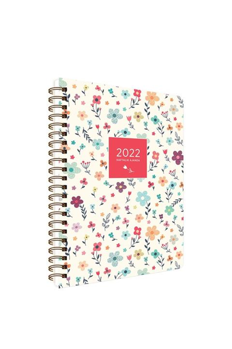 KESKİN COLOR Keskin 13x19.5 2022 Haftalık Spiralli Ajanda Sert Kapaklı Krem Çiçek