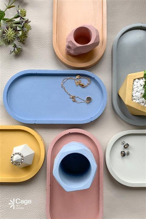 Cageartstudio Beton Tray Mum, Takı Ve Saksı Altlığı Oval Tepsi - Koyu Gri