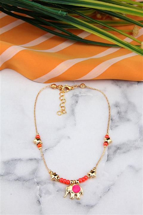 Pelin Aksesuar Turuncu Boncuklu Fil Ve Yıldız Figürlü Zarif Halhal