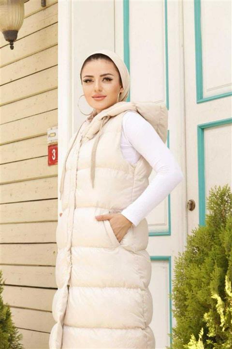 CNG MODA Kadın Bej Kapşonlu Boyfrend Şişme Yelek