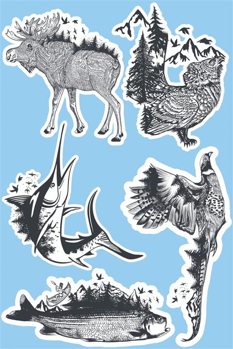 SilverStickers Kara Kalem Hayvanlar 2 Temalı Laptop Notebook Kask Çanta Sticker Etiket Seti