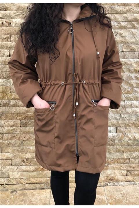 PNR WOMAN Kadın Büyük Beden Kapişonlu Trençkot 22068 Taba