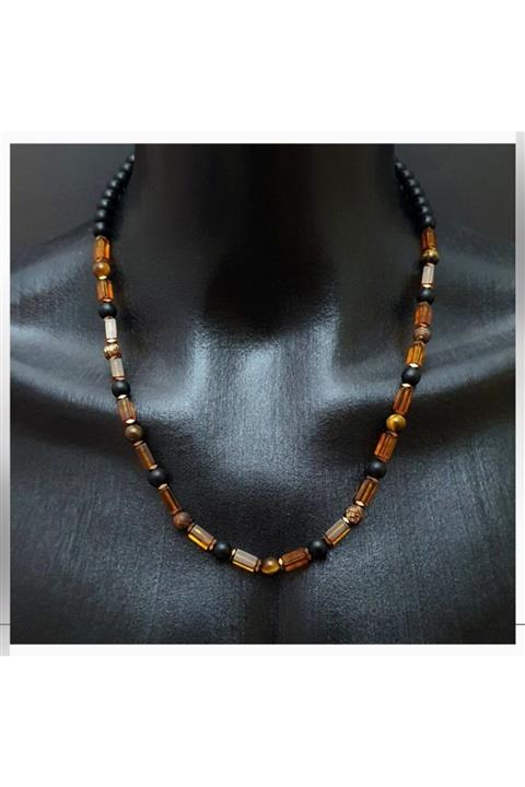 Seven Art Jewelry Kehribar, Kaplangözü , Oniks, Tibet Akik, Hematit Kolye / Doğal Taş Kolye / El Yapımı Kolye