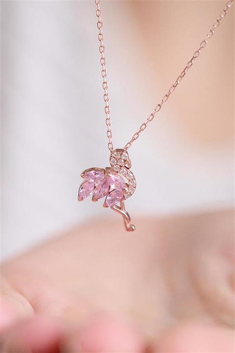 PETRİKOR Flamingo Model Pembe Taşlı 14 K Rose Altın Kaplama Ayarlanabilir Kadın Kolye