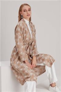 MISS RONN Desenli Pamuklu Kimono Camel