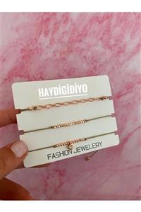 Haydigidiyo Tek Taşlı Üçlü Halhal Set Krem Rengi