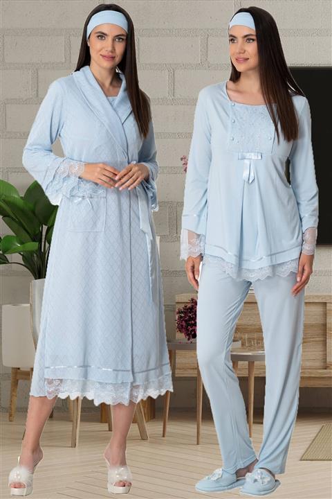 Mecit Pijama Mecit 5571 Mavi Dört Parça Pijama Gecelik Sabahlık Lohusa Seti