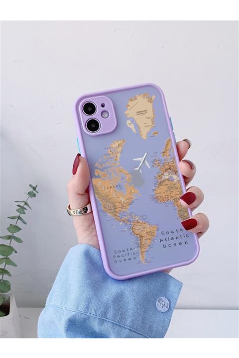 mooodcase Iphone 11 Lila Kamera Lens Korumalı Dünya Harita Desenli Lüx Telefon Kılıfı Uyumlu