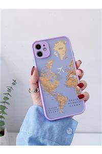 mooodcase Iphone 11 Lila Kamera Lens Korumalı Dünya Harita Desenli Lüx Telefon Kılıfı Uyumlu