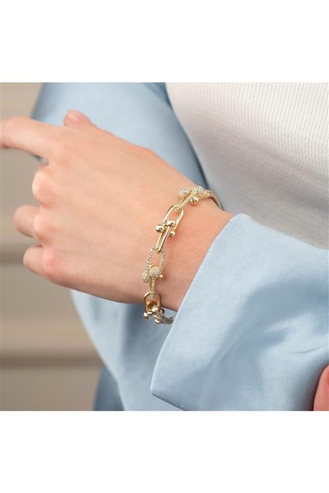 ELEF JEWELLERY Taş Detaylı Modern Zincir Motifli 14 Ayar Altın Tarz Kelepçe Sarı