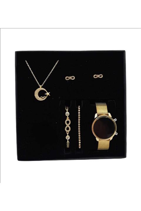 Show Time Altın Renk Sonsuzluk Bileklik Küpe Ve Ayyıldız Kolye Dijital Saaat Seti
