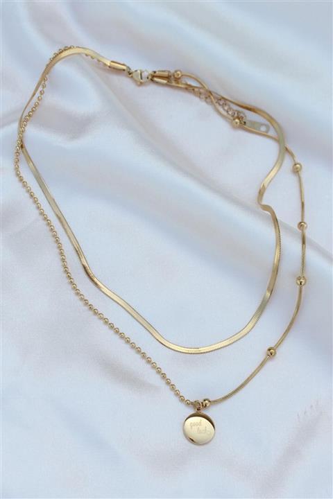 Abyss Store Kadın Çelik Gold Renk Çift Zincirli Good Luck Yazılı Kolye
