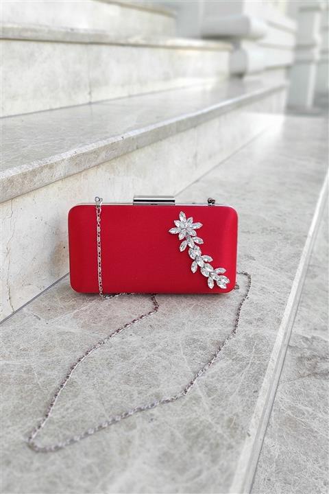LA CALZATURE Kırmızı Saten Abiye Yıldız Taşlı Portföy Kutu Çanta