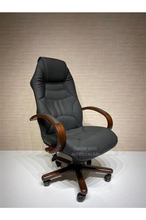 Ömür Ofis Uzay Ahşap Yönetici / Makam / Müdür Koltuğu Deri Siyah