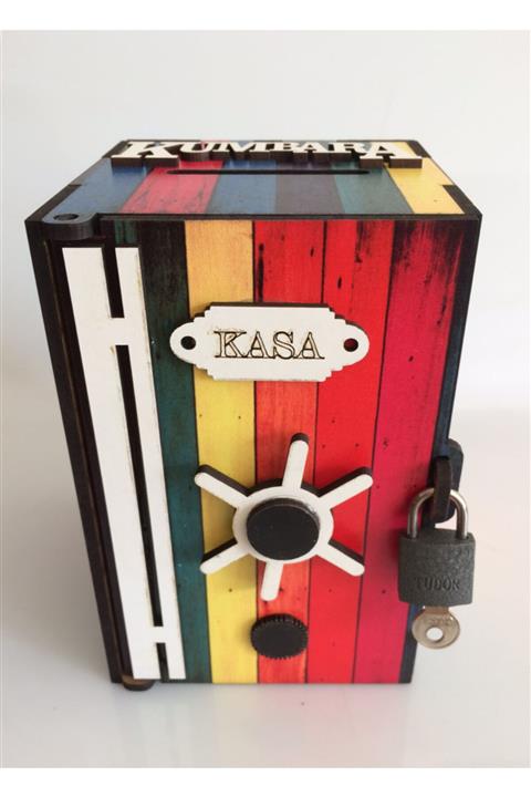 PRATİK DEKOR Kasa Kumbara Kilitli Ahşap Kutu Rengarenk