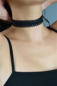 Queenky Kadın Siyah Dantel Detaylı Elastik Choker Tasma Kolye