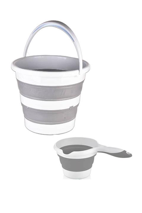 ELEGANT HOME Gri Katlanabilir Kova ve Gri Katlanabilir Maşrapa Kova