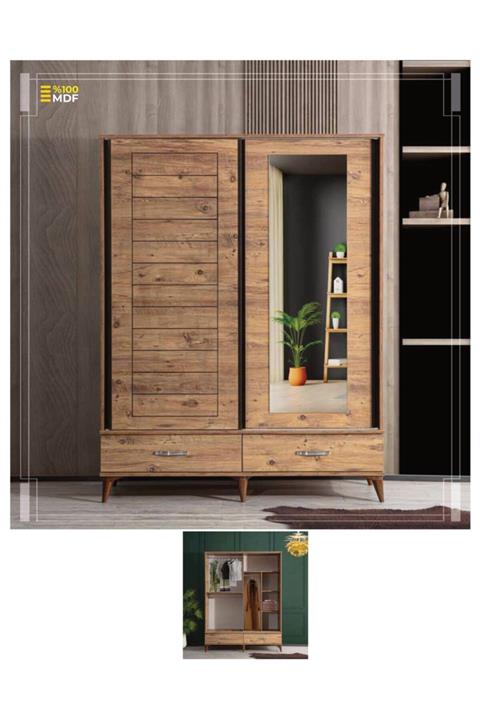 Çiftci Ticaret Ceviz Renk Mdf 1 Aynalı Çift Sürgülü Dolap