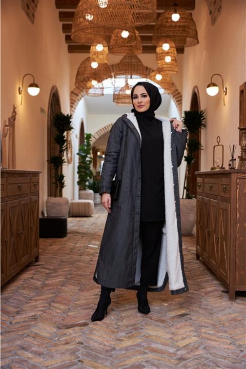 Neways Içi Peluşlu Kapşonlu Uzun Kap Gri 6329