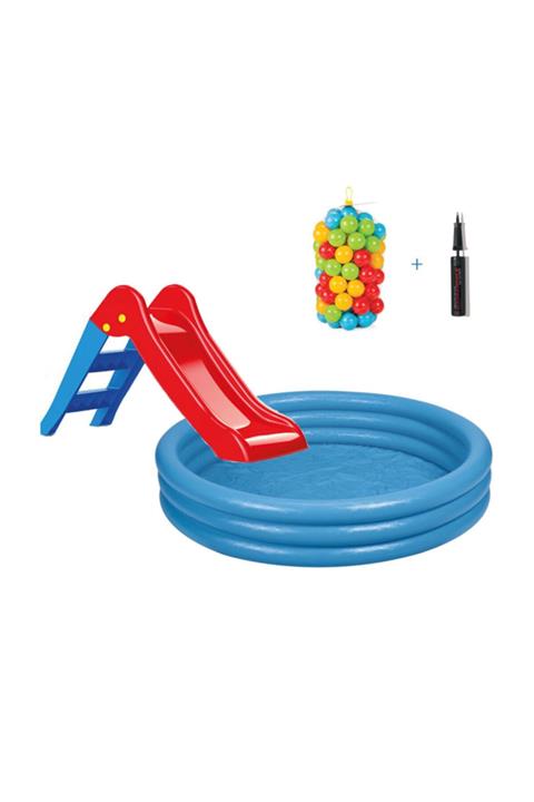 Intex Kaydıraklı Oyun Seti Mavi 168x38 cm Havuz + 6 cm 100'lü Oyun Havuz Topu + Pompa