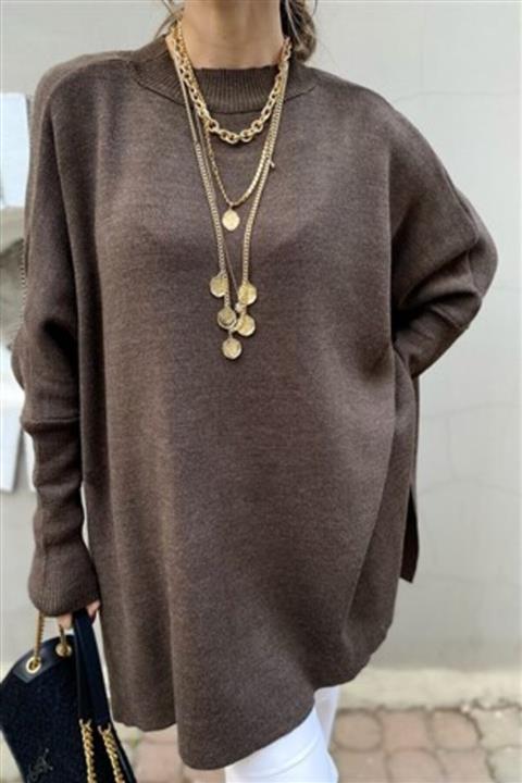 Butik Gardrop Kahve Bisiklet Yaka Tasarım Kol Yan Yırtmaçlı Salaş Basic Triko Kazak