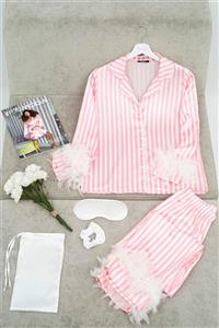 FOR YOU MODA 5 Li Saten Pembe Çizgili Tüy Detaylı Pijama Takımı