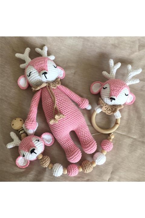 USTAHOBİEVİ Amigurumi Geyik Yenidoğan Set Uyku Arkadaşı Emzik Zinciri Ve Çıngırak Organik Oyuncak