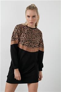 Lela Leopar Desenli Renk Bloklu Oversize Bisiklet Yaka Tunik Kadın Tunik 5863604