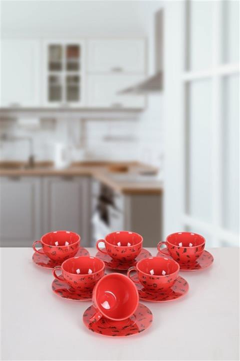 Güral Porselen Kırmızı Siyah 6'lı Çay Fincan Seti