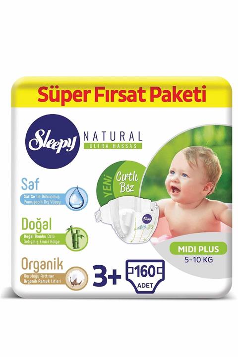 Sleepy Natural Bebek Bezi 3+ Numara Midi Plus Süper Fırsat Paketi 160 Adet