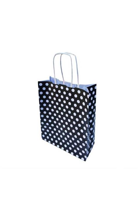 TT Tahtakale Toptancıları Kraft Hediye Çantası Büyük Boy 25x31 cm 25 Adet Puantiyeli Siyah