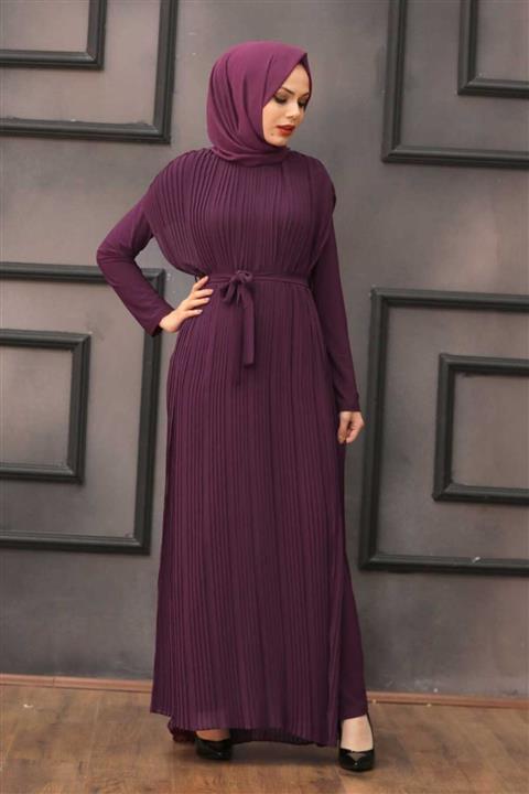 Neva Style - Plise Detaylı Mor Tesettür Tulum 30120mor